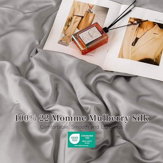 THXSILK 22 Momme 1 Pcs Silk Flat Sheet, 100% Top Grade Pure Mulberry Silk Bed Sheet Breathable Cooling Comfortable Safe Material Ultra Soft Bedding Durable (Full, Grey)