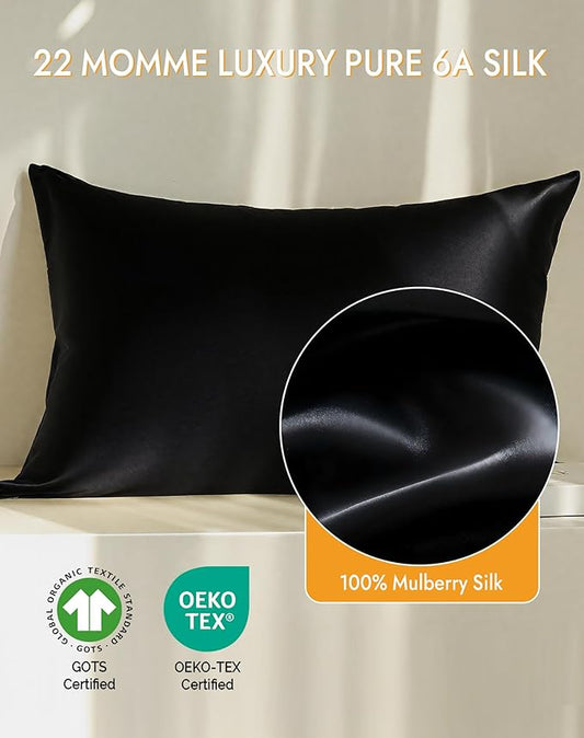 SilkSilky 100% Mulberry Silk Pillowcase - Pure 22 Momme High-Grade 6A Fibers for Hair & Skin, Envelope Closure, Natural, Organic, Breathable & Cooling Pillow Case (Queen, Black)