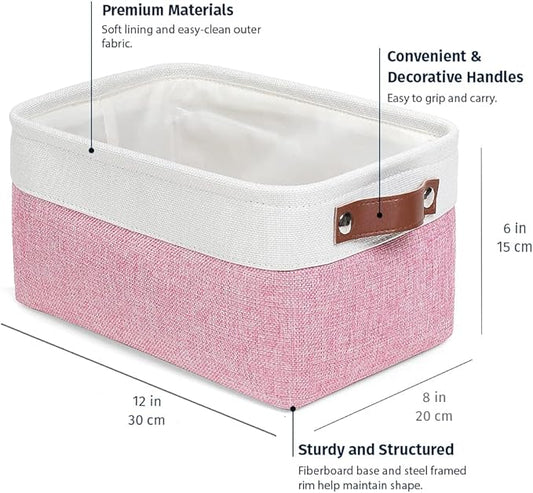 OrganiHaus Small Fabric Storage Baskets for Shelves 3 Pack, 12x08in Closet Storage Bins for Shelves, Canvas Baskets for Organizing, Linen Closet Organizers, Cloth Basket, Pink/Off-White