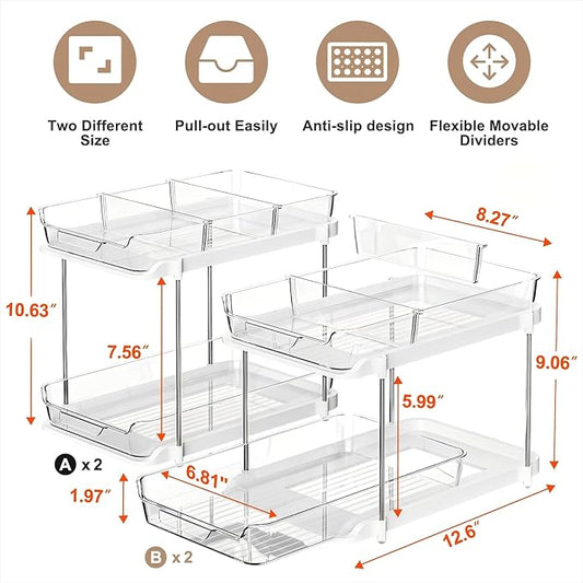 Delamu 2-Tier Multi-Purpose Bathroom Under Sink Organizers and Storage, Stackable Kitchen Pantry Organization, Pull Out Medicine Cabinet Organizer with Movable Dividers, White, 4Pack