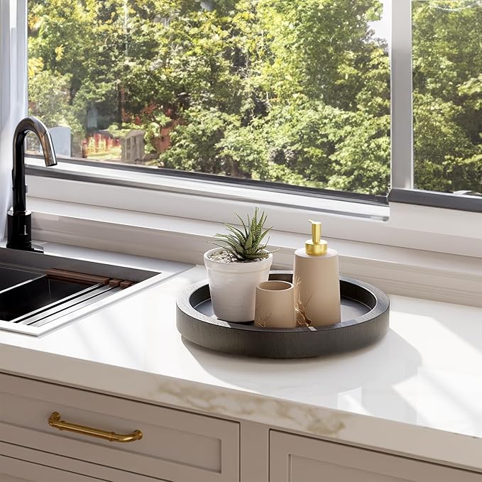 13" Acacia Wood Lazy Susan Organizer for Cabinet - Round Black Lazy Susans Turntable for Countertop - Wooden Kitchen Rotating Storage Food Bin Container for Centerpiece Table, Spices, Pantry