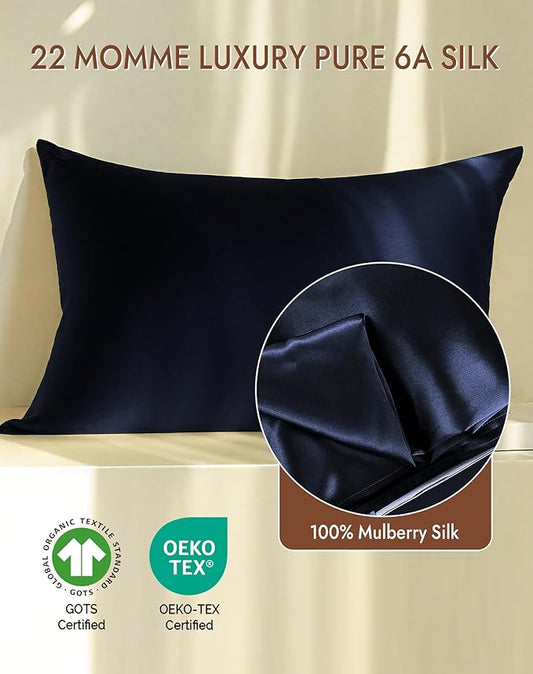 SilkSilky 100% Mulberry Silk Pillowcase - Pure 22 Momme High-Grade 6A Fibers for Hair & Skin, Envelope Closure, Natural, Organic, Breathable & Cooling Pillow Case (Standard, Dark Blue)
