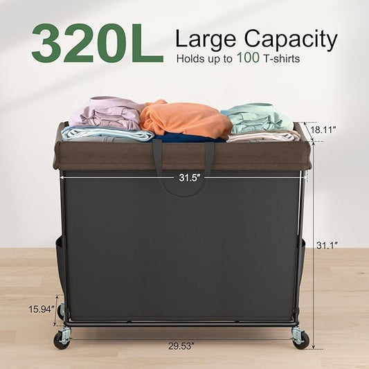 Mefirt 320L Laundry Hamper with Wheels, 3 Section Large Rolling Laundry Basket Bag with Wheels, Clothes Hamper Cart for Laundry, Bedroom, Bathroom and Dorm