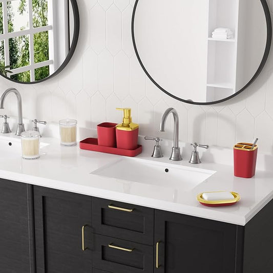 XLHOMO Dark Red Bathroom Accessory Set, 9-Piece Burgundy Bathroom Set with Trash Can, Toothbrush Holder, Toothbrush Cup,Soap Dispenser,Soap Dish,Toilet Brush Holder,2 Qtip Holder Dispensers and Tray