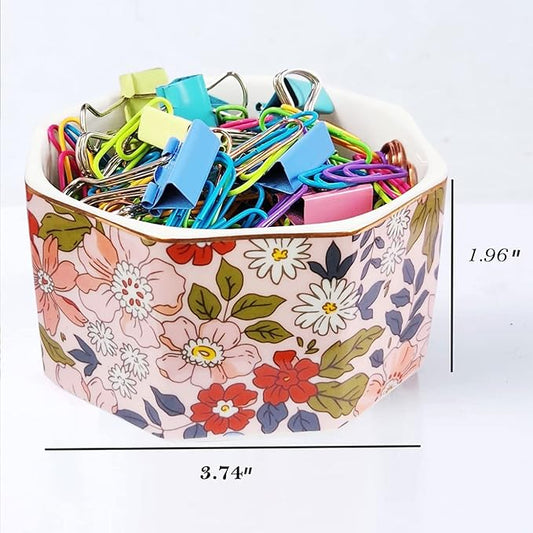LEAZUL Ceramic Paper Clip Holder Gold Line Paper Clip Dispenser Organizer for Desk Cute Floral Pattern Office Binder Clip Holder Bobby Pin and Hair Clip Holder Gift for Office Pink Flowers