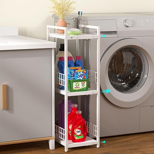 DAOUTIME Expandable Slim Storage Shelf, 3 Tier Metal Shelving Unit for Bathroom Storage Organizer, Free-Standing Narrow Shelf, Open Floor Shelves for Small Spaces,Laundry,Bathroom,Kitchen, White