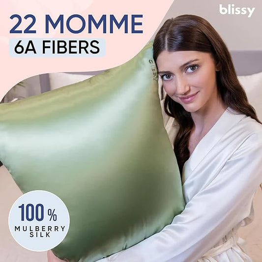Blissy Silk Pillowcase - 100% Pure Mulberry Silk - 22 Momme 6A High-Grade Fibers - Silk Pillow Cover for Hair & Skin - Regular, Queen & King (Olive, Standard)