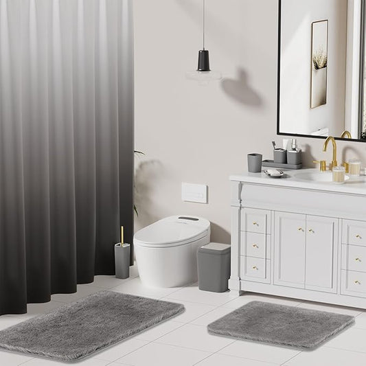 XLHOMO Grey Bathroom Accessories Set, Bathroom Sets with Shower Curtain and Rugs, Trash Can, Tray, Soap Dispenser, Soap Dish, Toothbrush Holder, Toothbrush Cup,Toilet Brush and Qtip Holders for Home