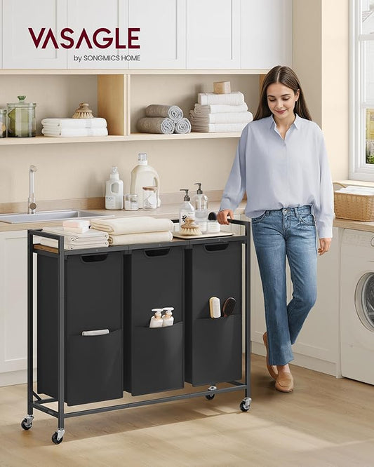 VASAGLE Laundry Sorter, 43.5 Gal. (165 L) Laundry Hamper Basket with 3 Compartments, Rolling Cart with Wheels, Shelf, Removable Bags, Pockets, Ink Black and Rustic Brown UBLH031B01