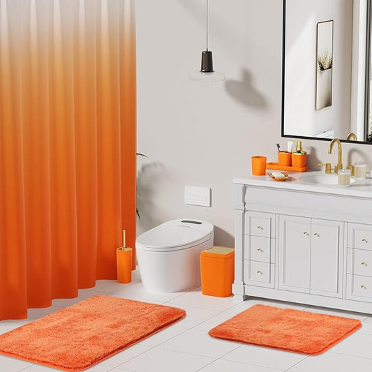 XLHOMO Bathroom Set - Orange Bathroom Sets with Shower Curtain and Rugs, 24PCS Shower Curtain Set with Hooks, Soap Dispenser, Soap Dish, Toilet Brush Holder and Trash Can for Housewarming