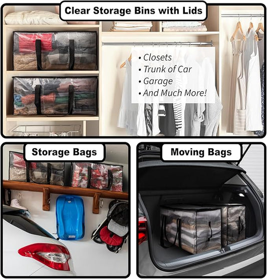 ClearSpace Heavy Duty Moving Bags or Storage Bags – Clear Storage Bins with Lids, Large Moving Boxes with Backpack Straps & Zippers – Packing Bags & Moving Supplies for College Dorm- 4 Pack