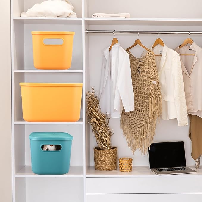 Hoolerry 8 Pieces Colorful Storage Bins with Lid, Plastic Storage Basket Organizing Container Stackable Box with Handle for Shelves Desktop Playroom Office(10.2 x 7 x 6.3 Inch,Green and Yellow)