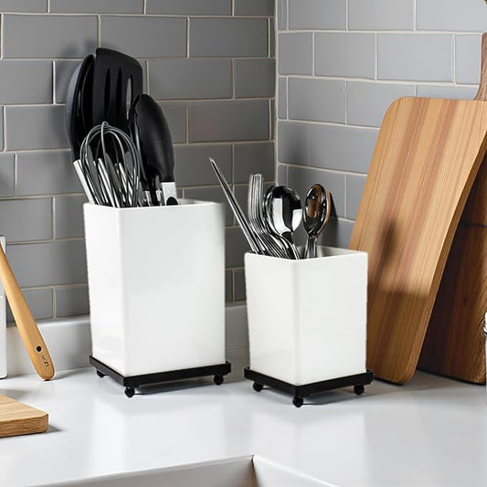 ECOIOU Tiered Counter Utensil Holder Set with 6.5" & 4.7" Removable Drainage Bins, Dual Kitchen Utensil Crock for Cooking Dining Utensils & Spatulas, White