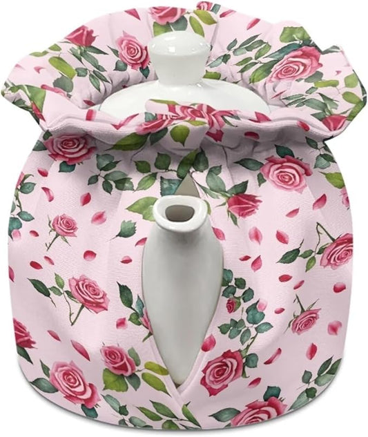 Tea Pot Cozies Sweet Rose Print Double-Sided Drawstring Teapot Dust Cover Valentine Insulation Warmth Breakfast Pot Holder Washable Reusable Table Decoration
