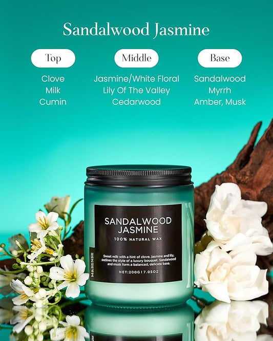 M&SENSE Sandalwood Jasmine Scented Candles, Natural Soy Wax Best Smelling Candle 7.05oz 50 Hour Burning,Floral Non Toxic Single Cotton Wick Aromatherapy Gifts for Women Friend