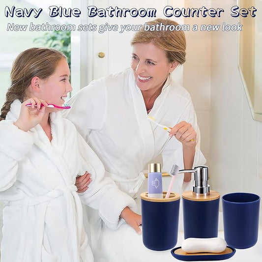 SLDIYWOW Blue Bathroom Accessories, 9-Piece Navy Blue Bathroom Accessories with Trash Can,Tray,Soap Dispenser,Toothbrush Holder,Toothbrush Cup,Soap Dish,Toilet Brush and Q-tip Holders for Bathroom