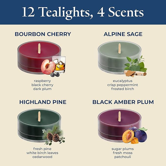 PartyLite Set of 12 Tea Lights Sampler Candles, Aromatherapy Festive Folklore Scented Candles Gift Set, Up to 4 to 6 Hours Burn Time