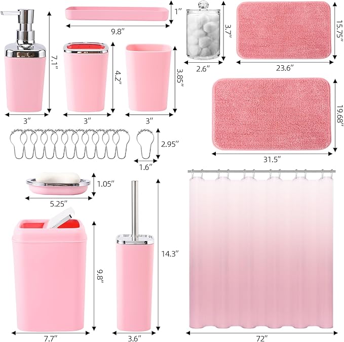 XLHOMO Bathroom Accessory Set–Bathroom Sets with Shower Curtain and Rugs, Non Slip Bathroom Rugs Super Absorbent, Pink Ombre Waterproof Shower Curtain with Hooks, Pink Bathroom Sets Complete for Home