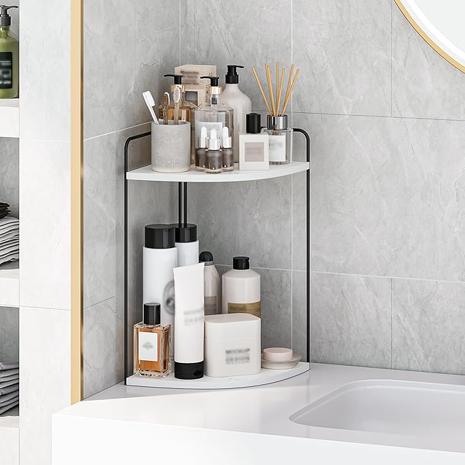 Forest Angle Bathroom Counter Organizer,Countertop Organizer,Vanity Organizers,Bathroom Storage,Bathroom Sink Caddy,Counter Shelf,Corner Counter,Corner Shelves(Black-White Marble)