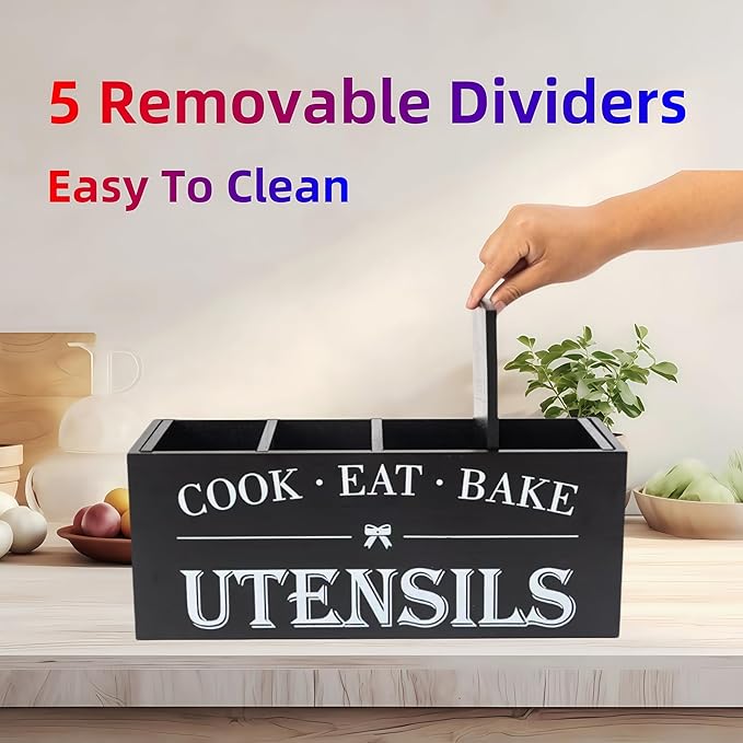 LIBODOUR Utensil Holder,Extra Large Wooden Utensil Holder For Kitchen Counter,Cooking Spatula Organizer,Big Storage Caddy With 4 Compartments Flatware Spoon Tool Cutlery(Black)