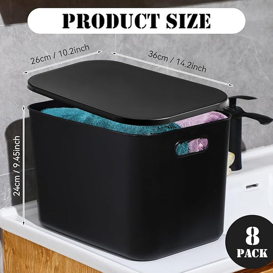 Hoolerry 8 Pieces Colorful Storage Bins with Lid, Plastic Storage Basket Organizing Container Stackable Box with Handle for Shelves Desktop Playroom Office(14.2 x 10.2 x 9.5 Inch,Black)