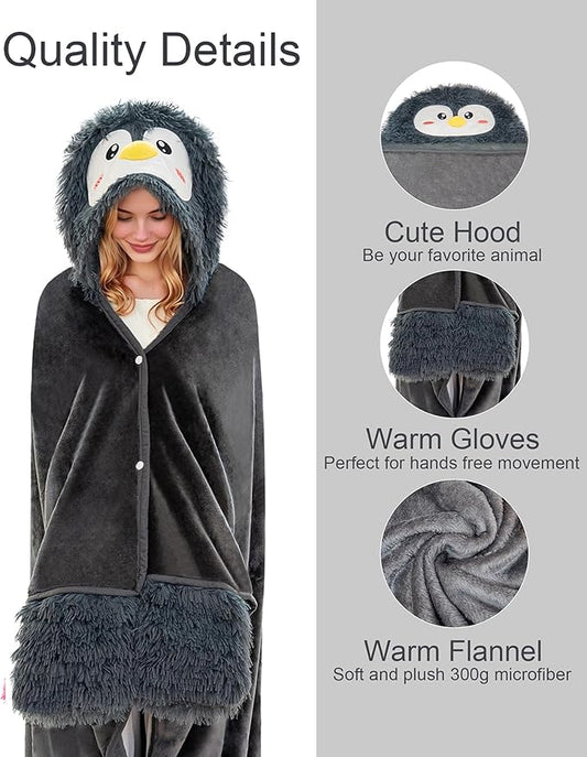 Wearable Hooded Blanket for Adults Fluffy Soft Warm Cozy Plush Flannel Throw & Sherpa Hoodie Cloak Wrap Gift for Adult