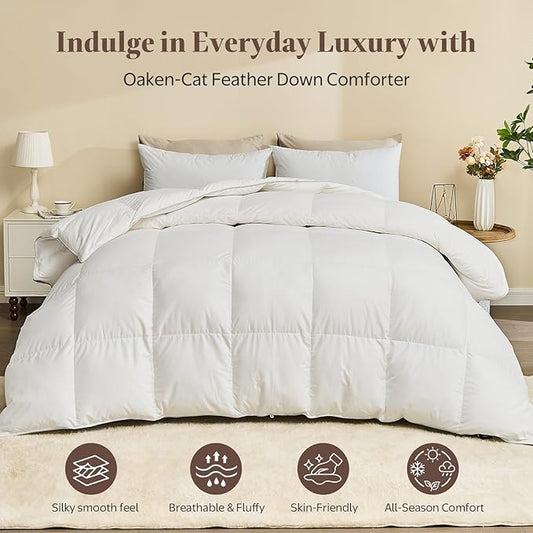 Goose Feather Down Fiber Comforter Full Size - Egyptian Cotton Blend Cover, All Season Fluffy Hotel Luxury Duvet Insert(82x86 inch, White)