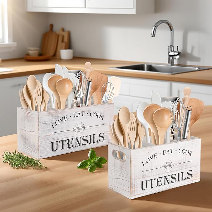 2 Pack Utensil Holder, 6.7"+6.18" Wooden Utensil Holder for Kitchen Countertop, Large Wood Utensil Organizer with Partition for Silverware and Cooking Storage, Farmhouse Kitchen Decor