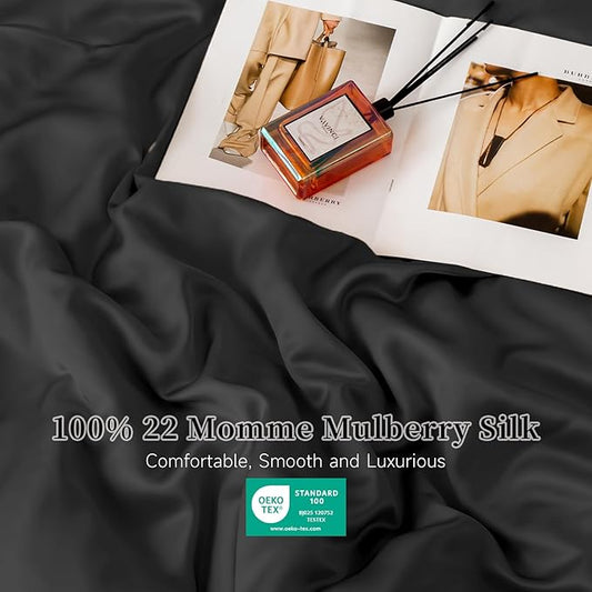 THXSILK 22 Momme 1 Pcs Silk Flat Sheet, 100% Top Grade Pure Mulberry Silk Bed Sheet Breathable Cooling Comfortable Safe Material Ultra Soft Bedding Durablee (King/Cal. King, Black)