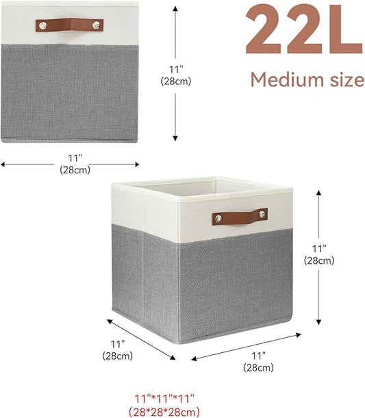 SNWDN 4 Pack Fabric Storage Baskets for Organizing Collapsible Fabric Storage Bins with Handles for Home and Office Organizing (White/Grey 11x11x11 Inches)