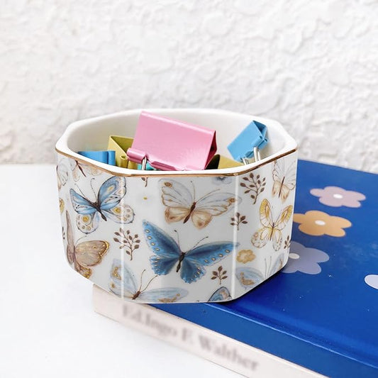 LEAZUL Ceramic Paper Clip Holder Gold Line Paper Clip Dispenser Organizer for Desk Cute Floral Butterfly Pattern Office Binder Clip Holder Bobby Pin and Hair Clip Holder Gift for Office Butterfly