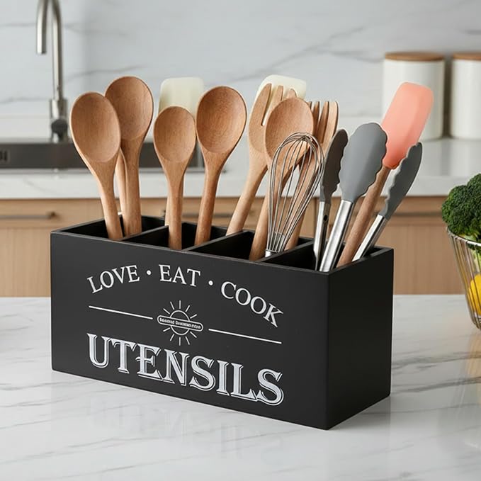 2 Pack Utensil Holder, 6.7"+6.18" Wooden Utensil Holder for Kitchen Countertop, Large Wood Utensil Organizer with Partition for Silverware and Cooking Storage, Farmhouse Kitchen Decor