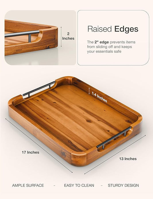 Ottoman Tray for Living Room – 17"x13" Rectangle Serving Tray with Handles – Wooden Tray for Coffee Table, Living Room, Breakfast in Bed – Decorative Trays for Ottoman or Couch (Acacia Wood)