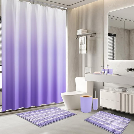 SLDIYWOW Purple Bathroom Accessories Set with Ombre Shower Curtain and No-Slip Bath Rugs,24PC Bath Sets with Trash Can, Toothbrush Holder, Cup, Soap Dispenser, Tray, Soap Dish,Toilet Brush,Qtip Holder