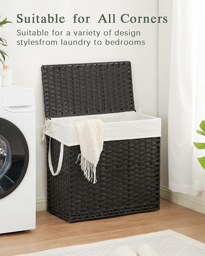 SETVSON Laundry Hamper with Lid Laundry Basket 132 L (35 Gal) Wicker Clothes Hamper, Handwoven Rattan Hamper with Handles and 4 Removable Liner Bags, 6 Mesh Bags for Laundry Bedroom Black