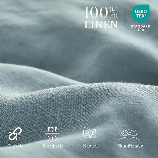 Simple&Opulence 100% French Linen Pillowcase Queen Size Set of 2, Pure Flax Pillow Covers with Embroidered, Solid Color Pillow Cases with Overlap Closure -Soft and Durable (20" X 26", Dusty Blue)