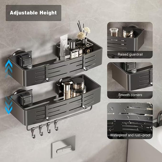 Voldra Shower Caddy Suction Cup, 1 Pack Shower Shelves for Inside Shower No Drilling, Aluminum Suction Showers Organizer with Towel Bar & Hooks Removable Bathroom Shelf Storage Rack(Gray)