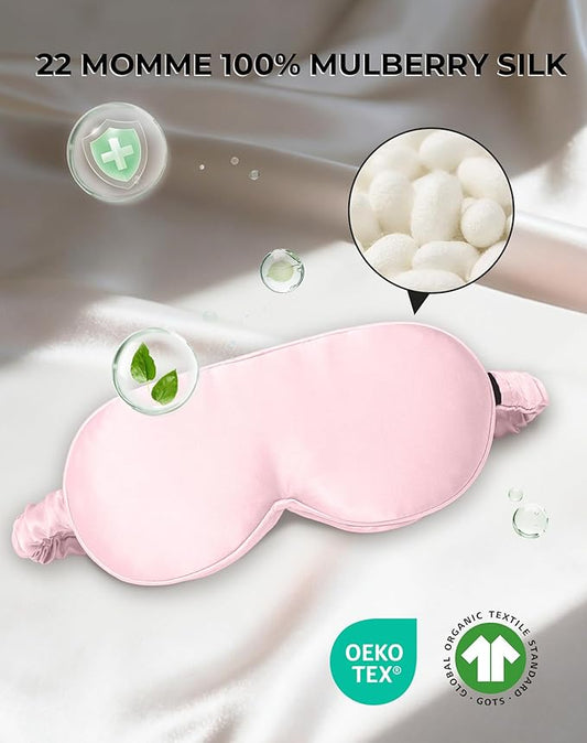 SilkSilky 100% 22 Momme Mulberry Silk Sleep Mask – Upgraded 3D Contoured Eye Mask with Nose Wing Pads & Adjustable Strap, Luxury Blackout Eye Cover for Women & Men (Pink)