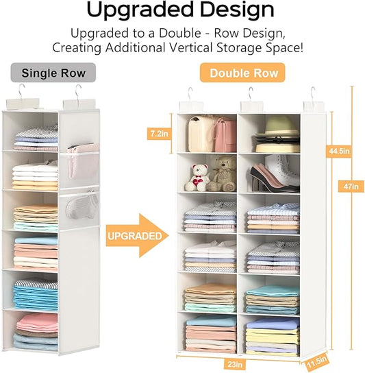 ALLTIDYUP Space-Saving Hanging Closet Storage Organizer – Dual-Row Foldable Shelves with 3 Hooks, 6-Tier Wardrobe Organizer for Dorm, Bedroom, Closet (White)