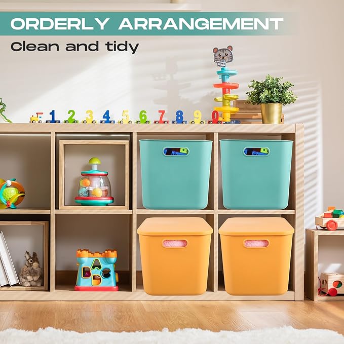 Hoolerry 8 Pieces Colorful Storage Bins with Lid, Plastic Storage Basket Organizing Container Stackable Box with Handle for Shelves Desktop Playroom Office(14.2 x 10.2 x 9.5 Inch,Green and Yellow)