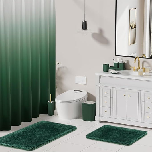 XLHOMO Dark Green Bathroom Accessories Set with Shower Curtain and No-Slip Bath Rugs,24PC Bath Sets with Trash Can, Toothbrush Holder, Cup, Soap Dispenser, Tray, Soap Dish, Toilet Brush, Qtip Holders