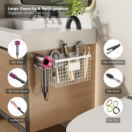 Voldra 2 Pack Hair Dryer Holder Cabinet Door, Adhesive Hair Tool Organizer Wall Mount Adjustable Height Blow Dryer Holder Under Sink for Flat Curling Iron, Hair Brush and Straightener(White)