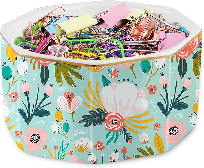 LEAZUL Ceramic Paper Clip Holder Gold Line Paper Clip Dispenser Organizer for Desk Cute Floral Pattern Office Binder Clip Holder Bobby Pin and Hair Clip Holder Gift for Office Mint Flowers