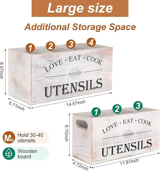 2 Pack Utensil Holder, 6.7"+6.18" Wooden Utensil Holder for Kitchen Countertop, Large Wood Utensil Organizer with Partition for Silverware and Cooking Storage, Farmhouse Kitchen Decor
