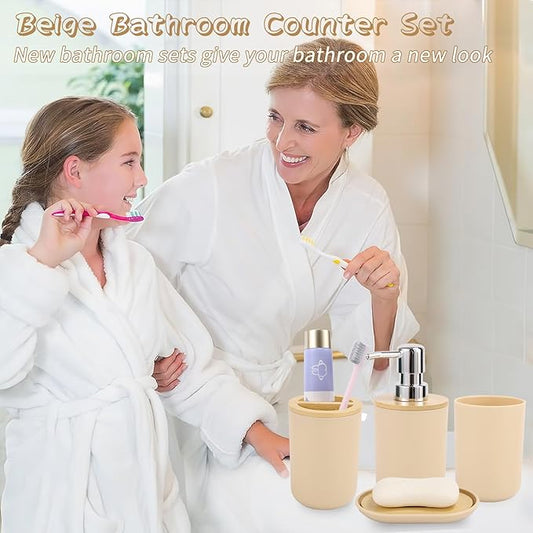 SLDIYWOW Bathroom Accessories, Beige Bathroom Accessories Sets Complete with Trash Can,Tray,Soap Dispenser,Toothbrush Holder,Toothbrush Cup,Soap Dish,Toilet Brush and Q-tip Holders for Bathroom