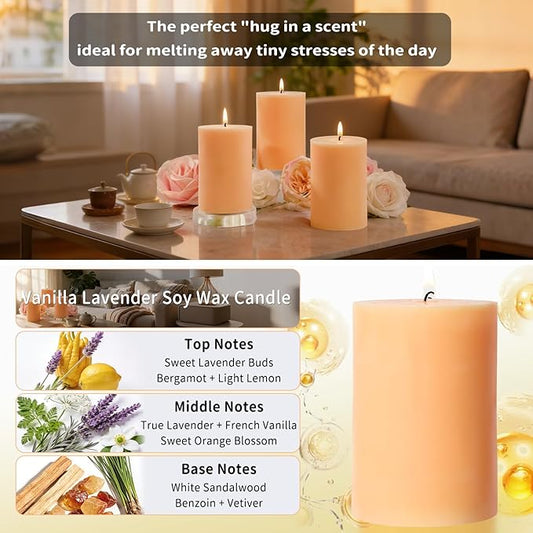 4 Pack Vanilla Lavender Scented Pillar Candles,Natural Soy Wax Pillar Candles-2.8x4In,60H Long Lasting Burning Fragrance Candles for Home,Spa,Stress Relief & Wedding(Peach Pink)