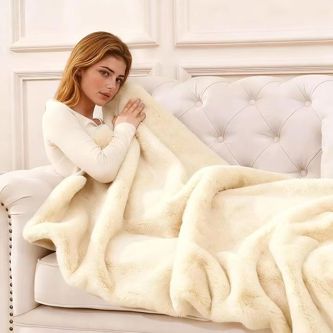 Faux Rabbit Fur Throw Blanket 880 GSM,Ultra Soft Thick Warm Bubble Plush, Reversible Throw for Couch Sofa Bed, Cozy Shaggy Blanket for Bedroom & Living Room(50"x60",White)