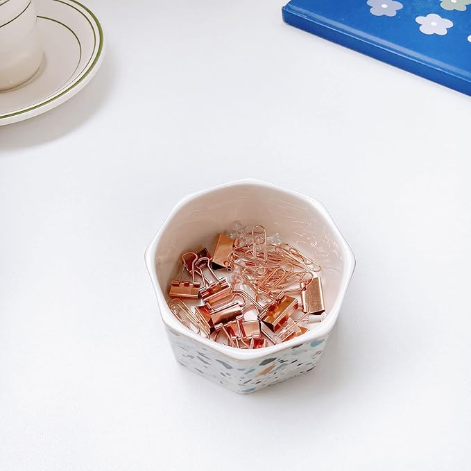 LEAZUL Ceramic Paper Clip Holder Gold Line Paper Clip Dispenser Organizer for Desk Cute Floral Flower Pattern Office Binder Clip Holder Bobby Pin and Hair Clip Holder Gift for Office Sunflowers