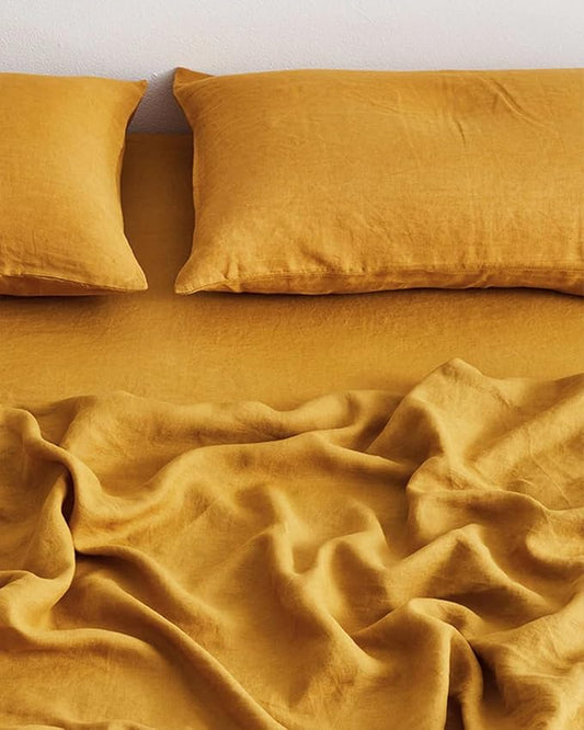 Bed Threads - Linen Pillowcases - 100% French Flax Linen - Luxury & Eco-Friendly - Breathable, Natural & Soft - Envelope Opening - Machine Washable - Standard Size - 30” x 20” - Set of 2 - Turmeric
