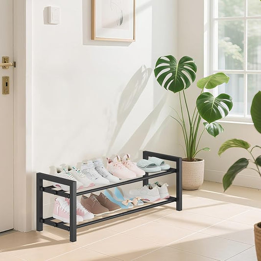 Detsuk 2-Tier Expandable Shoe Rack (17.5"-30.7") – Adjustable Heavy-Duty Metal Shoe Organizer Shelf for Closet, Entryway, Mudroom & Garage – Durable Freestanding Storage, Black